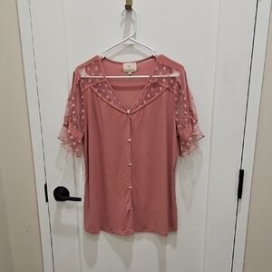 Pink Sheer Ruffled Sleeve Faux Button-Up Top